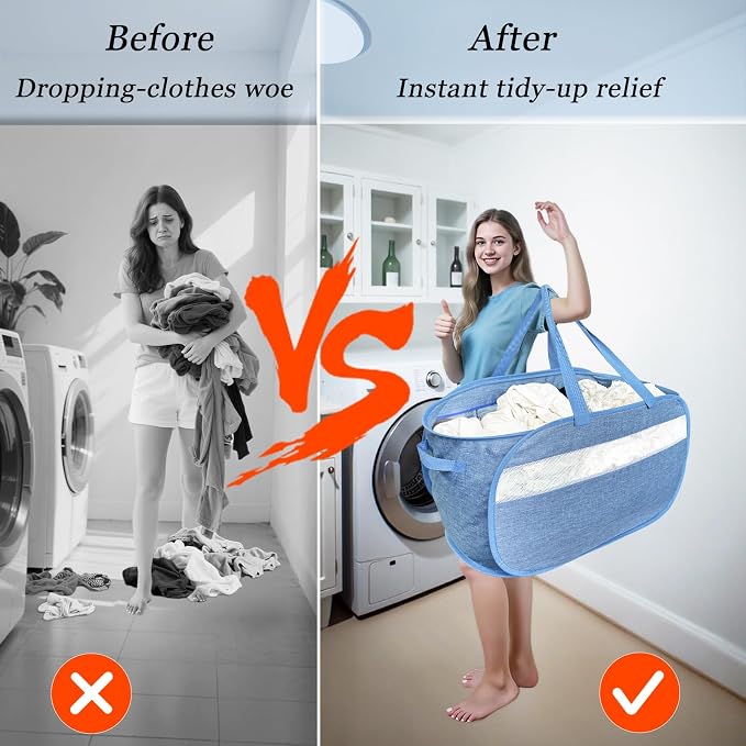 100L Mesh Pop Up Laundry Hampers with Handles, Extra Large Collapsible Laundry Baskets 2 Pack, Portable Travel Laundry Basket, Dirty Clothes Hamper Light Breathable, Bule. 2H - Image 7