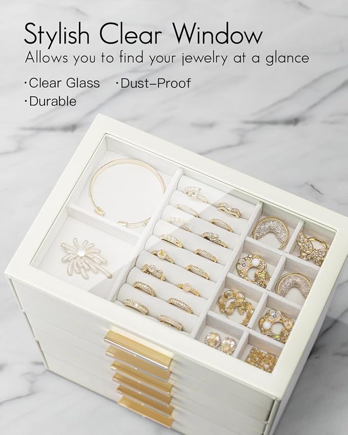 VLANDO 6 Layer Jewelry Box for Women, Glass Lid Jewelry Organizer with 6 Drawers for Necklaces Rings Earrings Bracelets - Cloud White - Image 4
