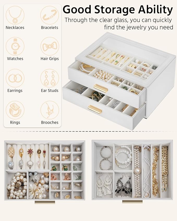 AKOZLIN Jewelry Box with Clear Lid Functional Leather Jewelry Storage Organizer Case 2 Drawers for Women Girls Necklace Ring Bracelet Earring - Image 3