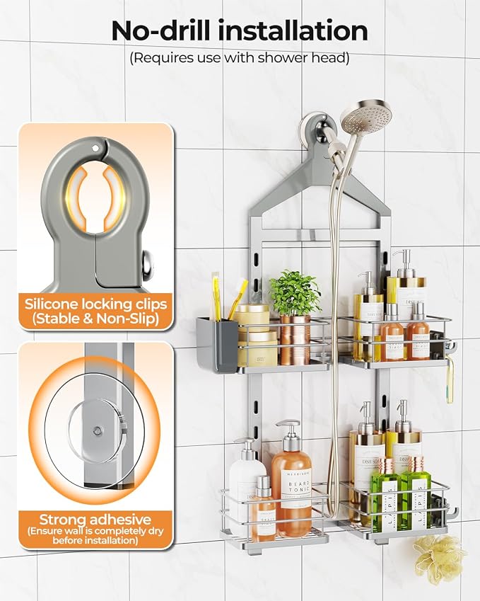 ODesign 2 Tier Height-Adjustable Shower Caddy Hanging Anti-Swing-Over The Shower Head Caddy-Storage Organizer Bathroom Shelves Basket-Silver - Image 8