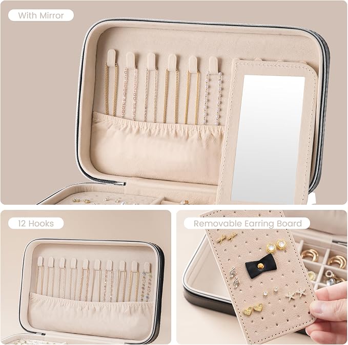 Lolalet Travel Jewelry Case for Women Girls, Travel Jewelry Organizer Box with Mirror & Clear Storage Bag, Small Portable Earring Necklace Bracelet Ring Case, Birthday Valentine Gifts -Medium, Black - Image 5