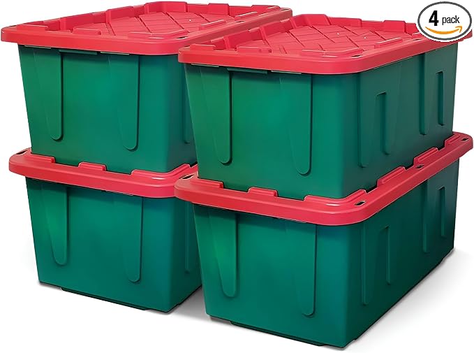HOMZ 4-Pack Durabilt, Heavy Duty Plastic Storage Bins with Lids, 27 Gallon, Red/Green - Stackable Container Boxes for Holiday, Attic, and Garage Organization by Homz
