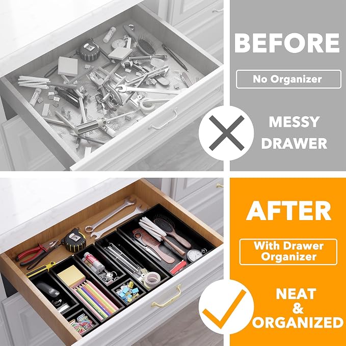 SpaceAid 7-Piece Bamboo Drawer Organizer Storage Boxes Set, Wood Tray Junk Drawer Organizers Multi-Use Divider Bins for Kitchen, Bathroom, Office Desk and Makeup Organization (7 Pack, Black) - Image 2