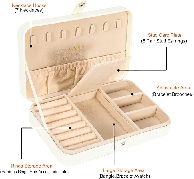 LANDICI Small Jewelry Box for Women Girls, PU Leather Travel Jewelry Case, Portable Jewelry Organizer Storage Holder Display for Ring Earrings Necklace Bracelet Bangle Men Kids Gift, White - Image 3