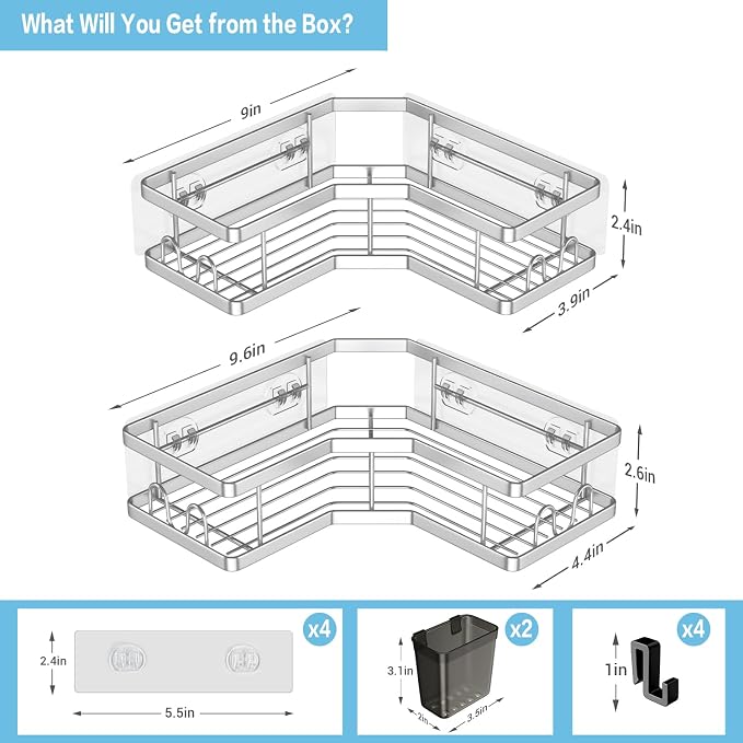 AKTECKE Corner Shower Caddy Shelf Rack: 2 Pack Adhesive Shower Organizer Essentials - No Drilling Stainless Steel Bathroom Storage Rack with Hooks and Toothpaste Holder - Image 4