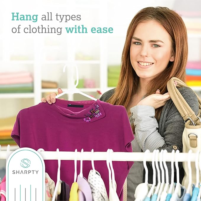 Sharpty Plastic Hangers Clothes Hangers for Clothing, Closet, Coats & Shirts - Notched, Durable, Space Saving - for Everyday Standard Use, Room Essentials & Basics - 50 Pack - White - Image 2