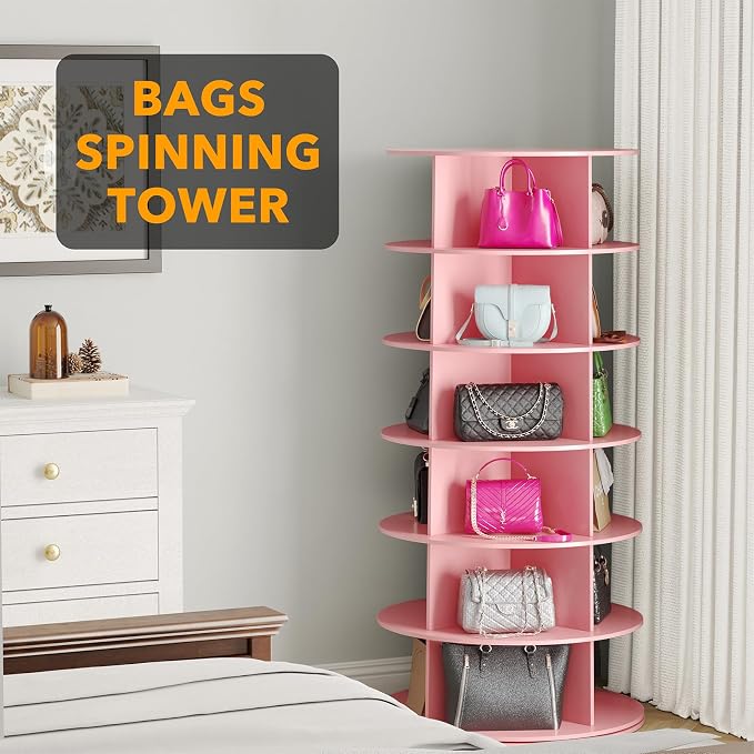 SpaceAid 6 Tier Rotating Shoe Rack Tower, Spinning Shoe Display Lazy Susan, Revolving 360 Shoe Rack Storage Round Carousel, Vertical Handbag Rotate Shoes Closet Organization (6-Tier Pink) - Image 5