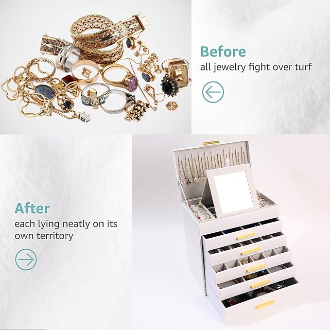 BOOVO Jewelry Boxes for Women, White and Black 6 Layer Large Jewelry Box for Necklace, Bracelet, Earrings, Rings Storage, Jewelry holder Organizer for Girls Gift (White and Gold, 6 layer) - Image 6