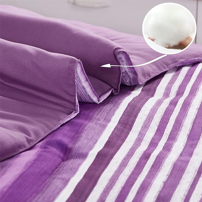 KAKIJUMN 7 Piece Bed in a Bag Stripe Comforter Set King Size, White and Purple Patchwork Striped Comforter and Sheet Set, All Season Soft Microfiber Complete Bedding Sets(Purple,King)