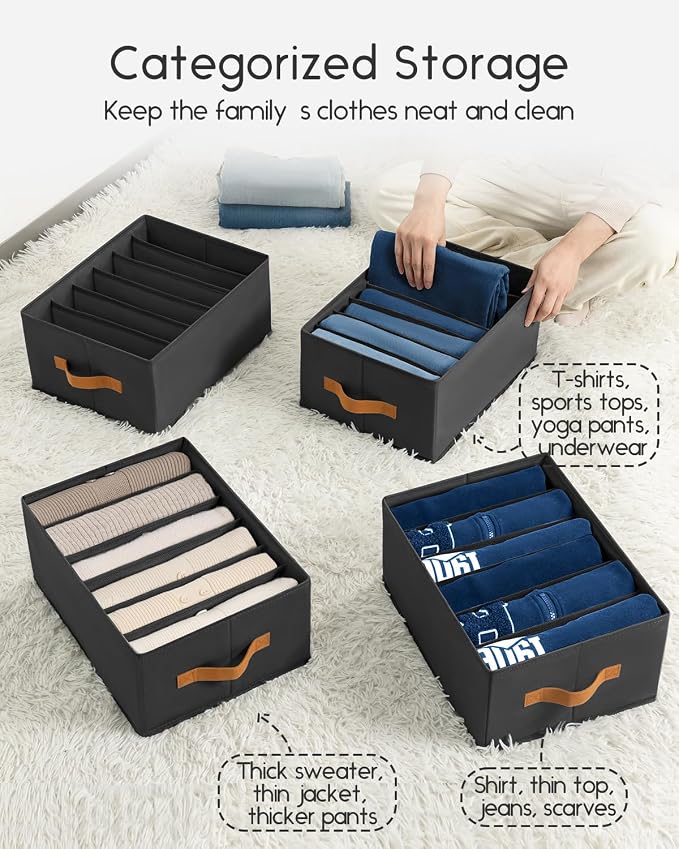 Homsorout Closet Organizers and Storage - Fabric Clothes Organizer with Handles, Foldable Jeans Organizer for Clothes, Drawer Organizer for Shirts, Bra, Sweater, Scarf, 6 Pack, Black - Image 2
