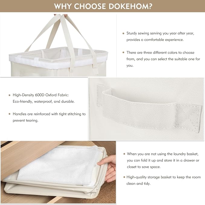 DOKEHOM 90L X-Large Laundry Basket with Removable Wash Bag on Wheels, Collapsible Rolling Laundry Hamper, Foldable Clothes Organizer, Folding Washing Bin (Beige) - Image 4