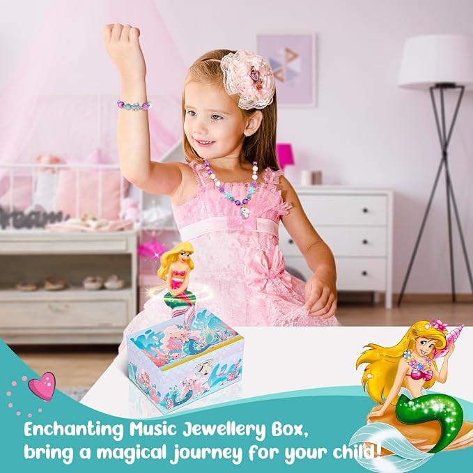 Girls' Musical Jewelry Box Organizer with Jewelry Set - blue ocean mermaid Theme, OVER THE WAVES Tune - Jewelry Storage and jewelry box for girls - Image 3