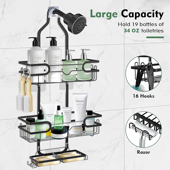 Shower Caddy Hanging, Over Head Shower Caddy Shower Storage Rack Basket with Hooks for Razor and Sponge Rustproof, No Drilling, Accessories for Bathroom and Kitchen, Black2 - Image 2