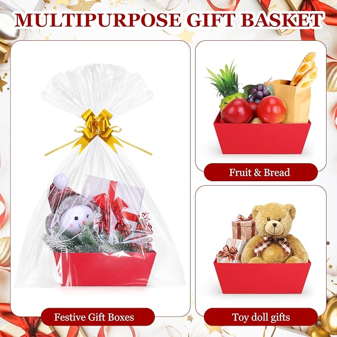 AFOROEOA 6PACK Red Baskets For Gifts Empty, 10x12”Thick Gift Basket with 6Bows 6Bags Empty Gift Baskets for Christmas, Easter, Birthdays, Valentine’s Day Wrapping Gift - Image 9