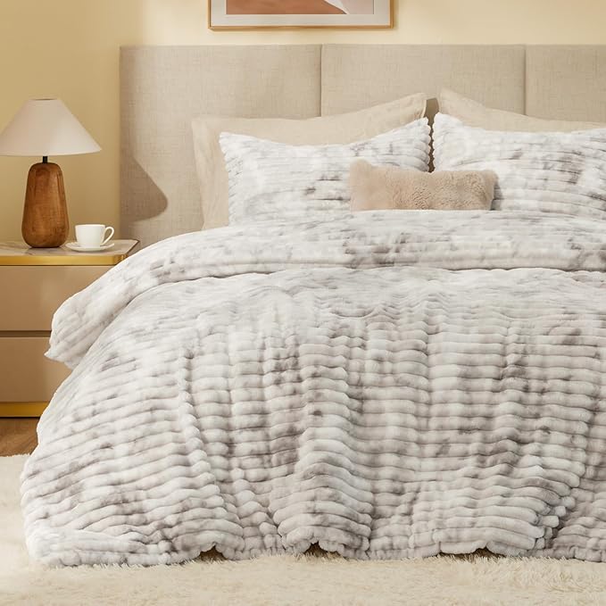BEDELITE Fleece Twin Comforter Set -Super Soft & Warm Fluffy Grey&White Bedding, Luxury Fuzzy Heavy Bed Set for Winter with 1 Pillow case