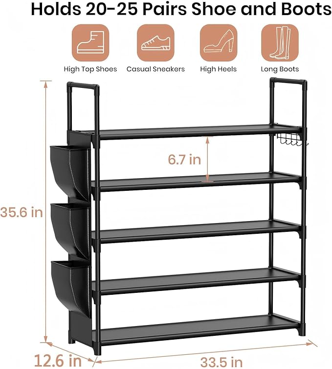 VILICK 5 Tier Shoe Rack with Hook and Side Pocket,Shoe Organizer Space Saver Storage for 20-25 Pair Shoe Storage Shelf Sturdy Free Standing Long Shoe Rack Organizer for Closet,Entryway,Small Spaces - Image 3