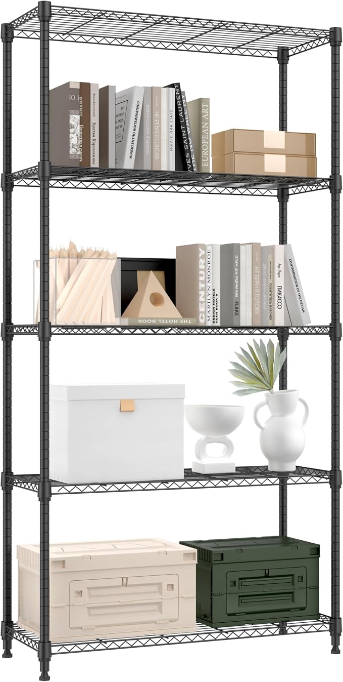 M MZG 1250 lbs 5 Tier Shelf Metal Storage Shelves Shelving Wire Rack Heavy Duty Closet Organizers for Garage Kitchen Bathroom Laundry Black 13.8" D x 35.4" W x 68.5" H by MEIGAOPLASTICANDMETALHKCOLIMITED