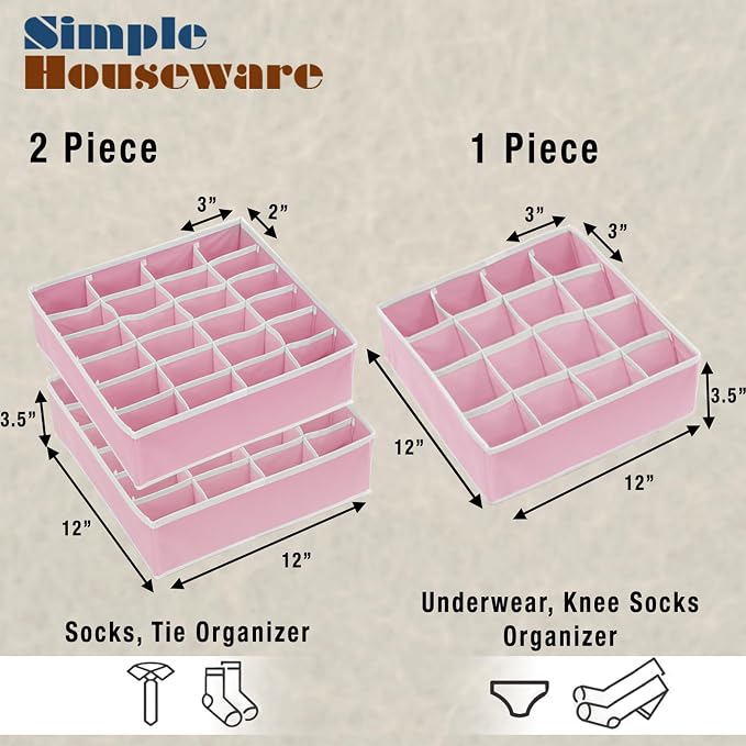 Simple Houseware Sock Drawer Organizer for Dresser/Closet/Bedroom, 3 Pack, Pink - Image 2