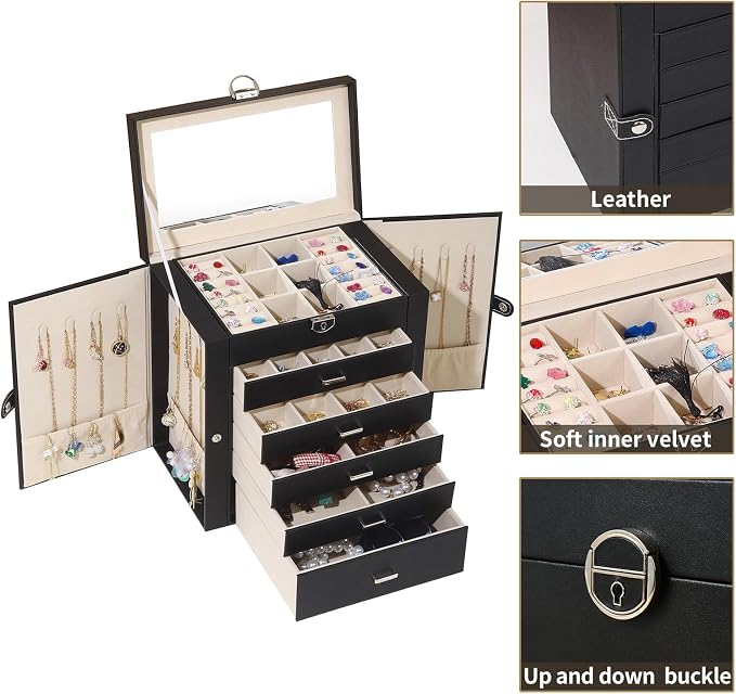 BOOVO Jewelry Box For women, 6 Layer Large Jewelry Organizer With Mirror, Multi-Function Storage Box With Lock, Accessory Holder With 5 Drawers, For Earrings Necklace Ring Bracelet (Black) - Image 2
