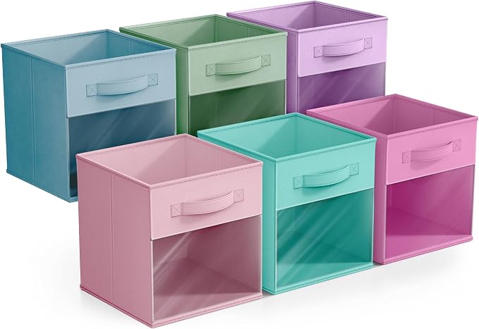 Sorbus 11 Inch Storage Bins with Clear Window - 6 Foldable Baskets for Organizing Clothes, Toys, Books - Sturdy Collapsible Fabric Storage Cubes with Handle - Storage Baskets for Shelves, Closets - Image 7