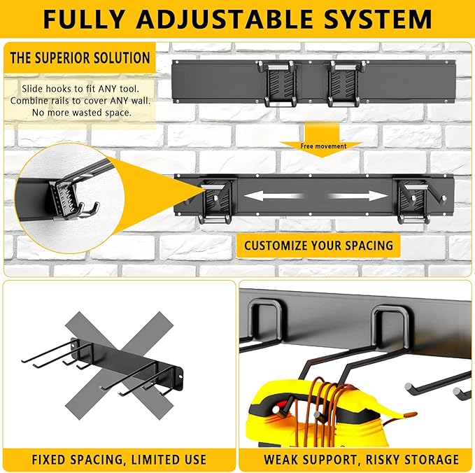 Garage Tool Organizer Wall Mount, 48inch Heavy-Duty Garage Storage System and Garden Tool Organizer with 6 Adjustable Double Hooks for Shovel, Snowboard, Yard Tools and Shed - Image 3
