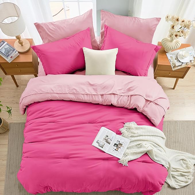 MUXHOMO 7 Pieces King Comforter Set, Soft Bed in a Bag King Size, All Season Bedding Set with Comforter, Flat Sheet, Fitted Sheet, Pillowcases & Shams, Hot Pink & Baby Pink