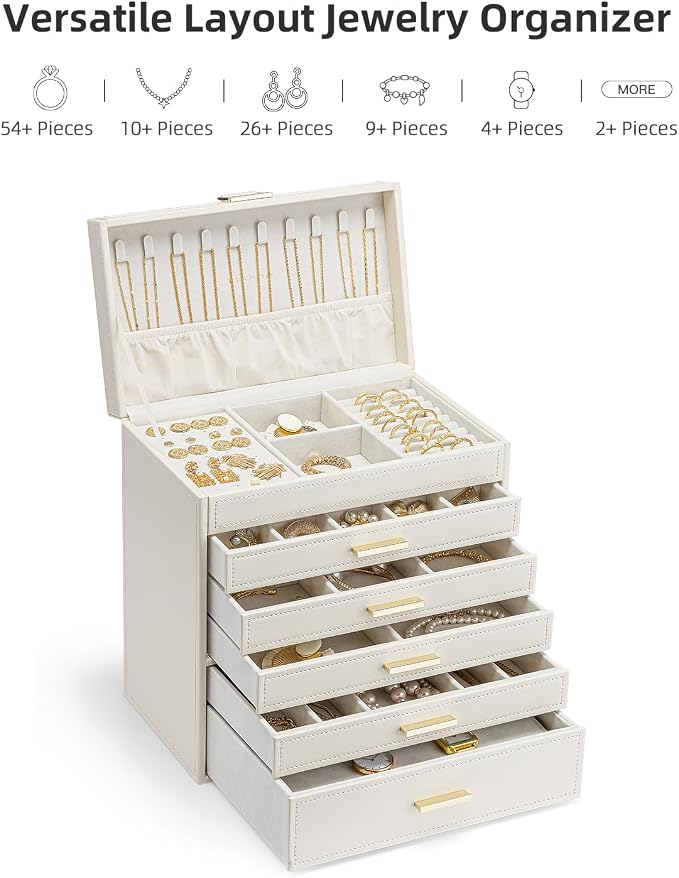 VLANDO 6 Layer Large Jewelry Box - Jewelry Holder Organizer, Jewelry Box Organizer for Drawer Necklace Ring Bracelet and Watch, Birthday Gift for Loved Ones - Beige - Image 5
