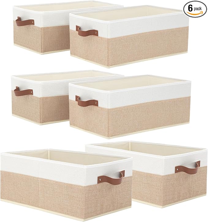 6 Pack Fabric Storage Bins, Large Storage Baskets for Shelves, Foldable Closet Organizer Storage Boxes with Leather Handles for Clothes, Sheets, Jeans, Toys, Books (Beige and White) by Unknown