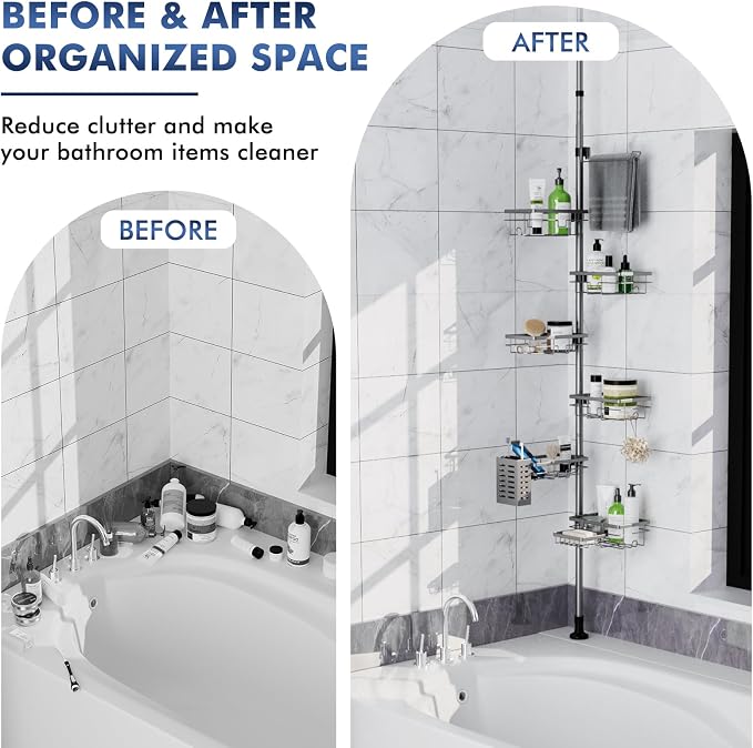 Vatex Corner Shower Caddy Tension Pole,30-120 Inch Adjustable Shower Organizer, 6-Tier Shower Shelves with Towel Rack/Toothbrush Holder/Soap Dish, Bathroom Corner Storage Rust-Resistant - Image 7
