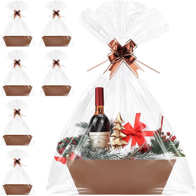 6PACK Baskets for Gifts Empty, 10x12”Thick Brown Gift Basket with Handles 6 Bows 6 Bags Empty Gift Baskets for Christmas Thanksgiving Wedding Birthday Party Wrapping Gift by AFOROEOA
