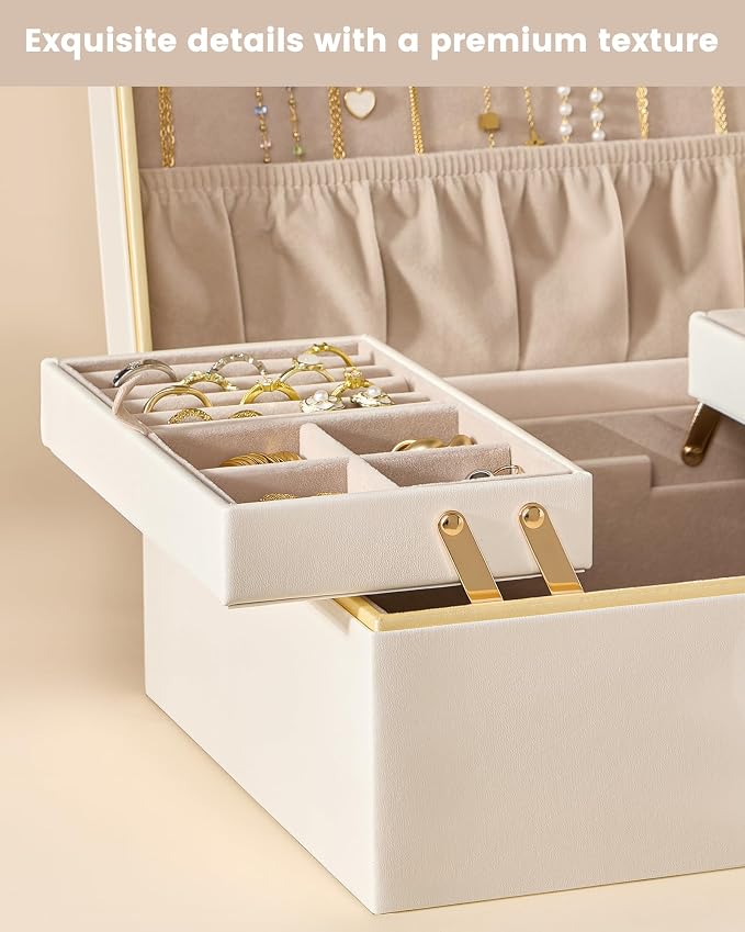 Lolalet Jewelry Box Organizer for Women Girls, 2 Layer Jewelry Organizers and Storage for Necklace Earrings Rings Bracelets, Large Jewellery Holder Case Birthday Mothers Day Gifts -Cream - Image 6