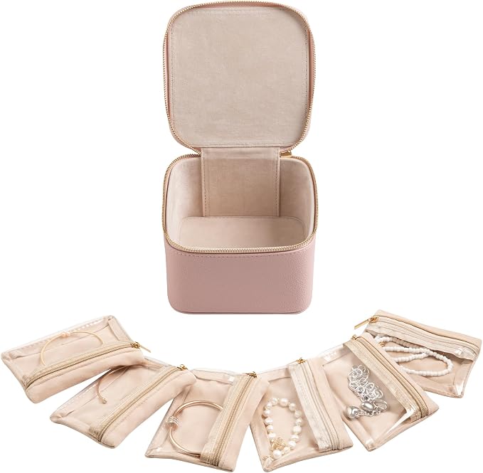 Frebeauty Small Travel Jewelry Box,Travel Jewelry Case with 6 Pouch Bags,Portable Travel Jewelry Organizer,Mini Jewelry Storage,3.35 x 4.9 x 4.8 Inches,Gift Idea for Women Girls(Pink) by Frebeauty