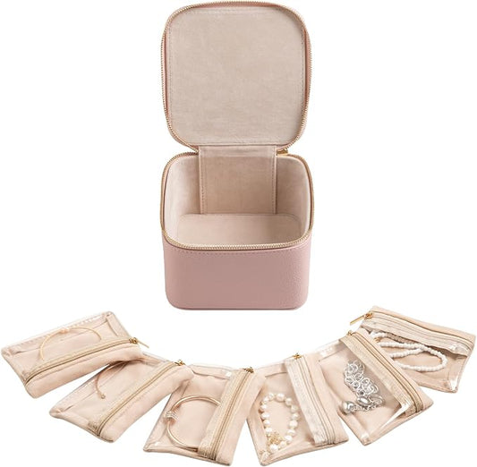 Frebeauty Small Travel Jewelry Box,Travel Jewelry Case with 6 Pouch Bags,Portable Travel Jewelry Organizer,Mini Jewelry Storage,3.35 x 4.9 x 4.8 Inches,Gift Idea for Women Girls(Pink) by Frebeauty