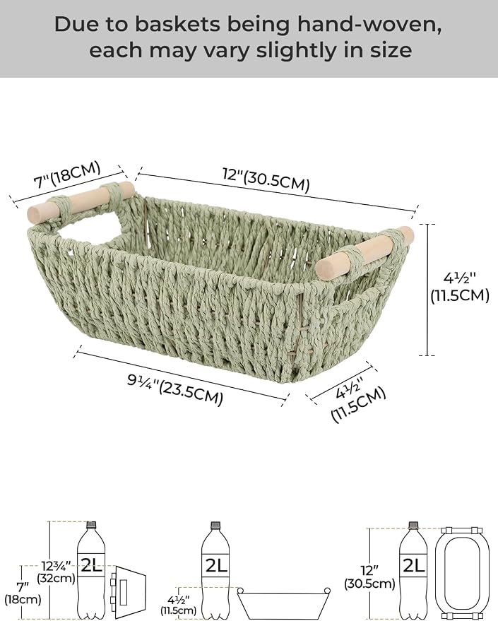 StorageWorks Round Paper Rope Woven Basket with Wooden Handles for Gifts, Small Woven Baskets for Shelf, Bosana Green, 2-Pack - Image 2