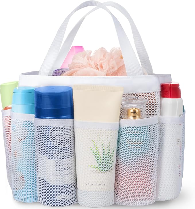Lifewit Mesh Shower Caddy Portable for College Dorm Room Essentials with 7 Pockets, Freestanding Hanging Organizer Basket, Quick Dry Tote Bag for Camping, Bathroom, Beach, Travel, 1 Pack, White by Lifewit