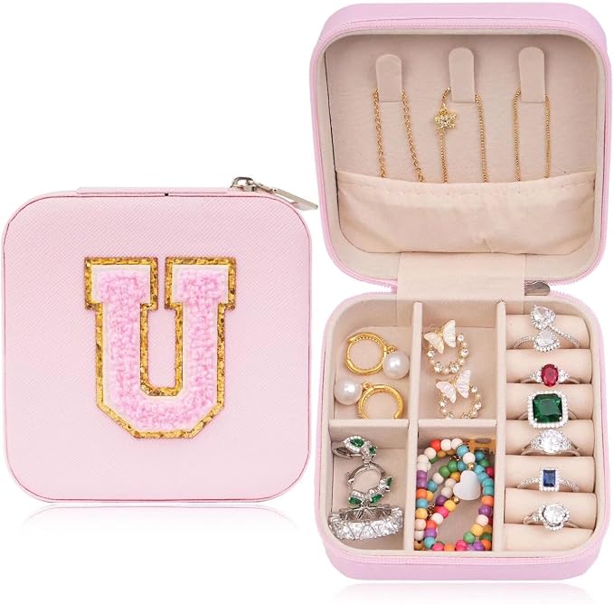 ETHOON Jewelry Travel Case Small Organizer Stocking Box Personalized Gifts Teenage Jewelry Accessories Holiday Wedding Christmas Gift for Women Pink, Letter U by ETHOON