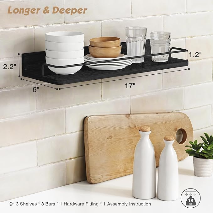 Forbena Black Floating Shelves for Wall, Bahtroom Wall Shelves Over Toilet, Rustic Hanging Shelf with Lip Rail for Bedroom Kitchen Office Living Room Picture Photo Decor, 17 Inch Long-Set of 3 - Image 3