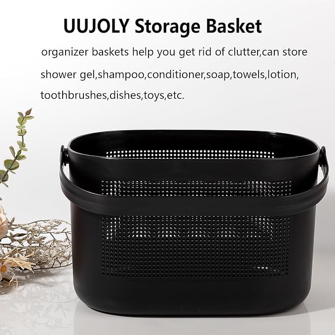 UUJOLY Plastic Storage Baskets with Handles, Shower Caddy Shelf Organizers Basket for Bathroom, Kitchen, Dorm Room, Black - Image 2