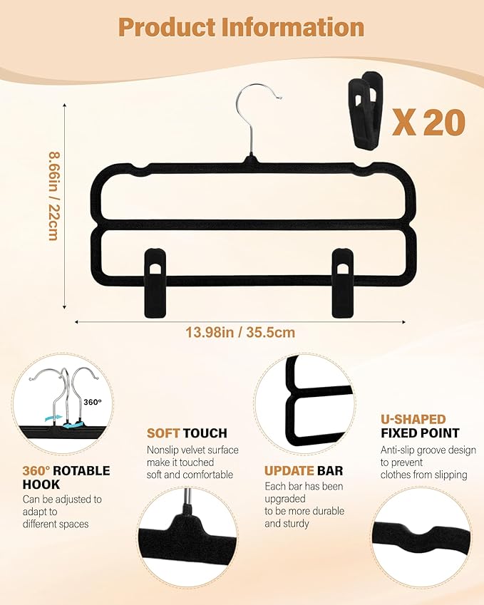 WJWSKI Velvet Pants Hangers with Double Non Slip Bar - with Adjustable Clips- Thin Space Saving Clothes Hanger - 360° Swivel Felt Trouser Hanger Perchas Terciopelo 10 Pack (Black) - Image 5