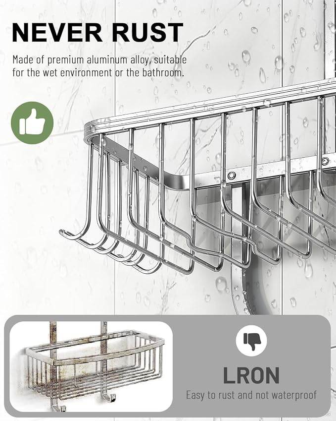 Shower Caddy Hanging - Never Rust Shower Hanging Organizer - Aluminum Over the ShowerHead Caddy with Soap Basket and 6 Hooks for Razor/Sponge (Frosted Silver) - Image 4