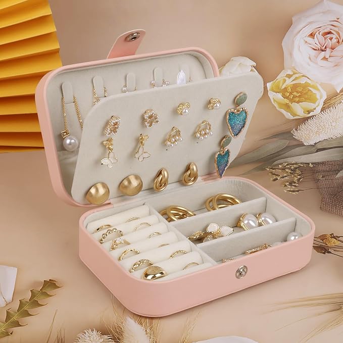 OceeK Travel Jewelry Box,Travel Jewelry Case for Girls Women Mothers, Jewelry Organizer Case, PU Leather Pink,1 Pack - Image 3