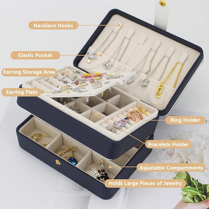KOOAAICCHI Small Jewelry Box, Travel Jewelry Organizer, Portable Jewelry boxes for Women Girls Gift, Double Layers PU Leather Jewelry Holder for Rings, Earrings, Necklaces-Blue - Image 4