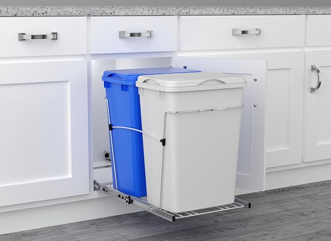 Rev-A-Shelf RV-18KD-11RC-S Double Pullout Trash Can for Kitchen Cabinets 35 Qt Garbage Recycling Bin on Full Extension Slide, Blue/White - Image 6