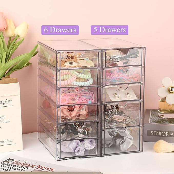 Hipiwe Plastic Drawer Organizer Clear Desktop Drawers Box with 6 Pull Out Drawer Compact Storage Box for Cabinet Vanity Bathroom Bedroom Pantry Shelf Office Closet Organization - Image 6