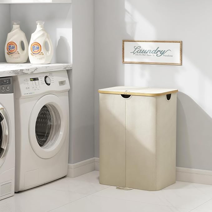 Lifewit 150L Double Laundry Hamper with Lid, Large Laundry Basket with Removable Bag & Bamboo Handles, Fodable Tall Dirty Clothes Hamper for Laundry Collapsible Bin for Bathroom Bedroom Dorm, Beige - Image 9