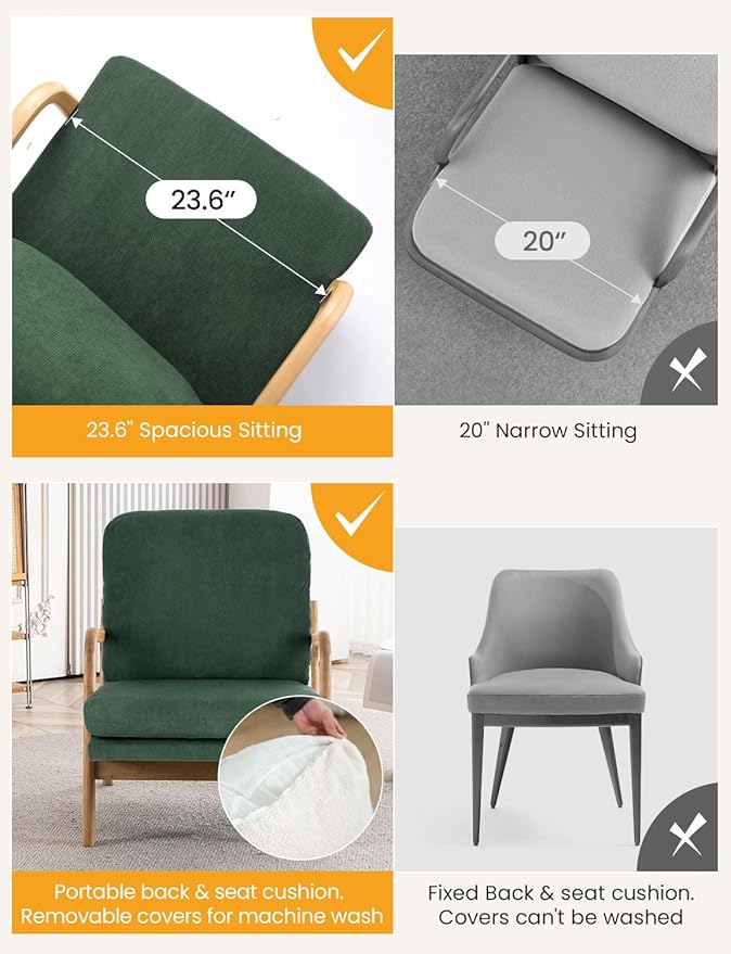 Mid Century Modern Accent Chairs for Living Room, 23” Wide Comfy Chair for Bedroom, Small Cozy Corduroy Reading Chairs for Adults, 108° Lounge Arm Chair Indoor with Detachable Cover, 5.5" Foam Cushion