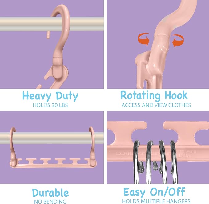 Wonder Hanger Max 10-Pack Space Saving Hangers, Reinforced Hooks Swivels 360°, Cascading Hanger, Teens, College Dorms, Kids & Closet Organizer, Assembled – Pastel Pink - Image 3