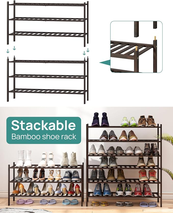 viewcare Long Shoe Rack, Bamboo Wood Shoe Rack for Closet, Entryway & Hallway, 3-Tier Stackable Shoe Shelf - Image 5