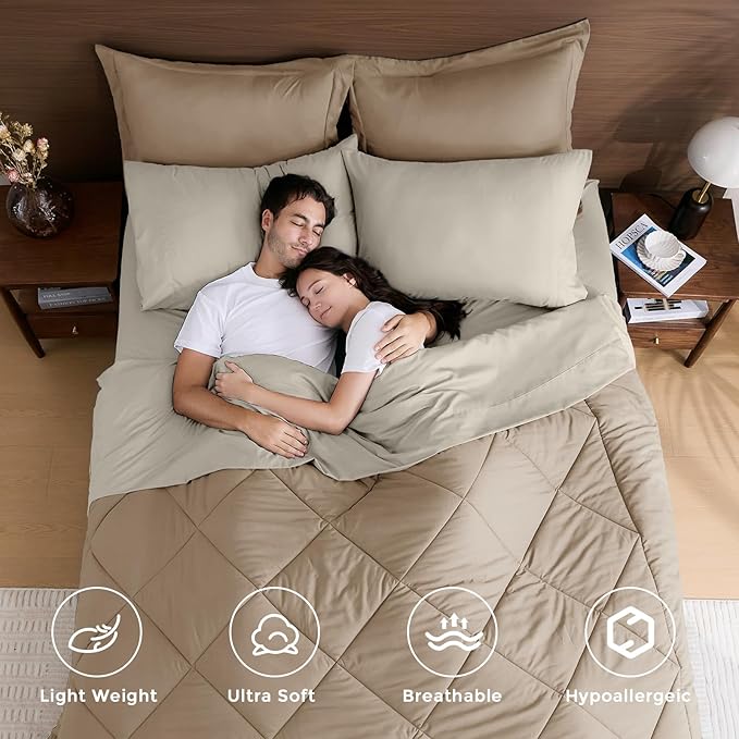 HEVUMYI Khaki & Linen King Comforter Set - 7-Piece All Season Bed in a Bag King, Ultra Soft Bedding Set with Comforter, Flat Sheet, Fitted Sheet, Pillowcases, Pillow Shams