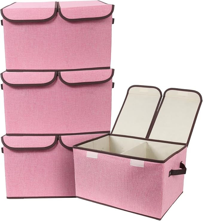 Foldable Fabric Storage Box, 16.5 x 11.8 x 9.8 inches (L x W x H), with Double-Lid & Dividers, Large Organizer for Home, Closet, Office(Pink, 4 Packs) by TCbelosion